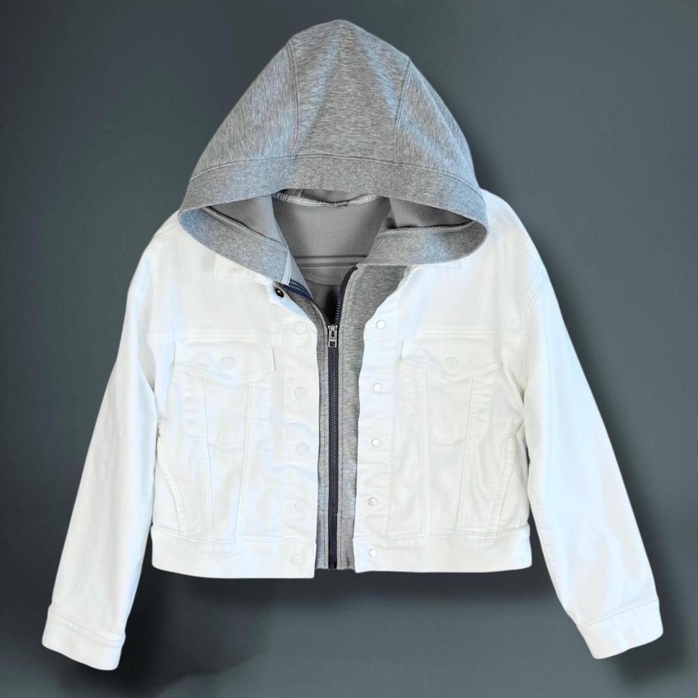 Athleta Jacket Womens Medium‎ White Denim Trucker Hooded Zip In Vest Layered - Picture 2 of 12
